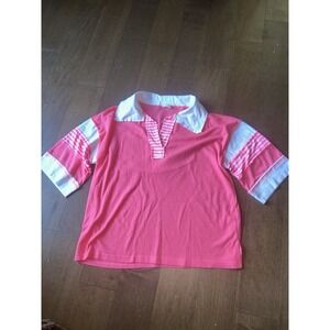 Bibi Pink White Waffle Knit Boutique Collared Polo Top Medium 100% Cotton